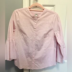 J.Crew Pink White Stripe Poplin Blouse Bell Sleeve Button Front Top Size 12